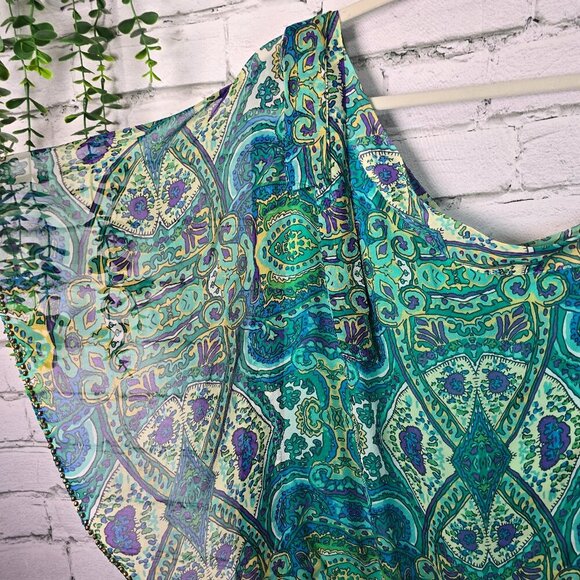 CACHE 100% SILK ONE-SHOULDER GREEN AND BLUE PAISLEY PRINT BLOUSE WOMENS SIZE MED - Picture 2 of 10
